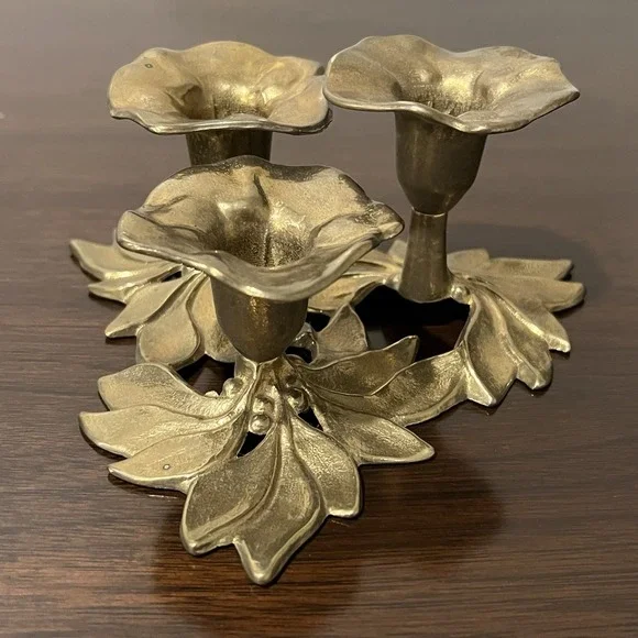 PAIR Brass Flower Candelabra Hollywood Regency Floral Candle Holders Mid Century